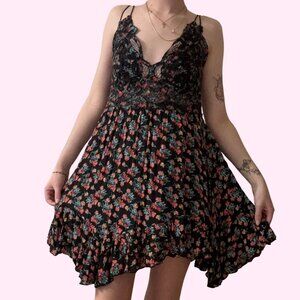 Free People Boho Navy Lace Floral Mini Flowy Dress Size XL